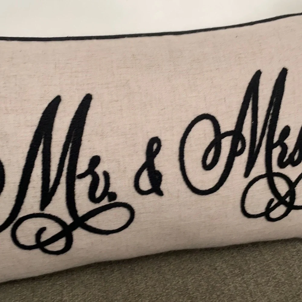 “Mr & Mrs.” Embroidered Script Long Rectangle Black & Oatmeal Anthropology